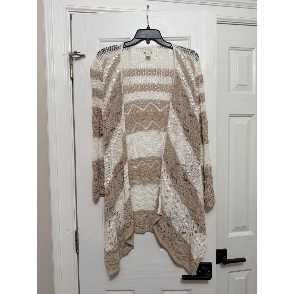 chicos beige/white sequin cardigan size 2 beachy boho
